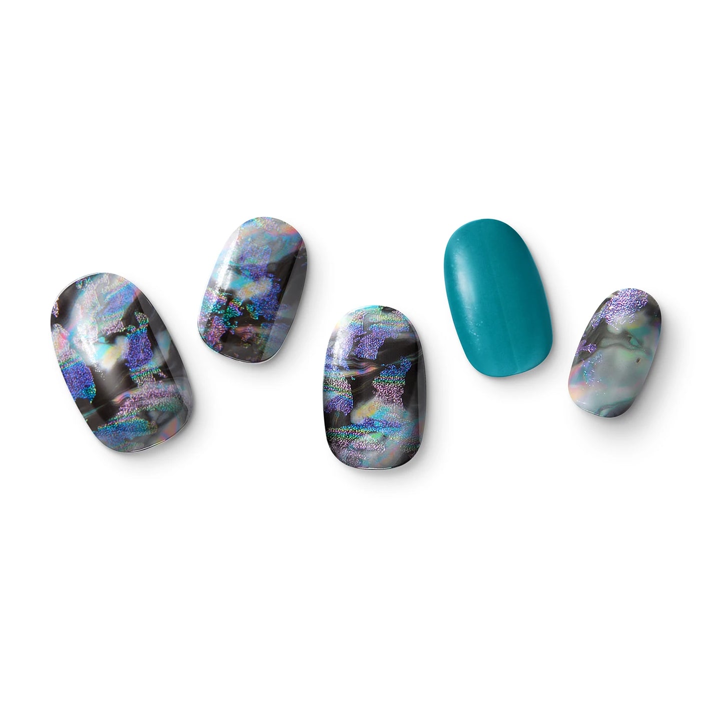 The gel nail wraps of ManiTini 'Butterfly Kisses' showcasing the blending of black and green marble, resembling a flutter of butterflies dancing within the heart.