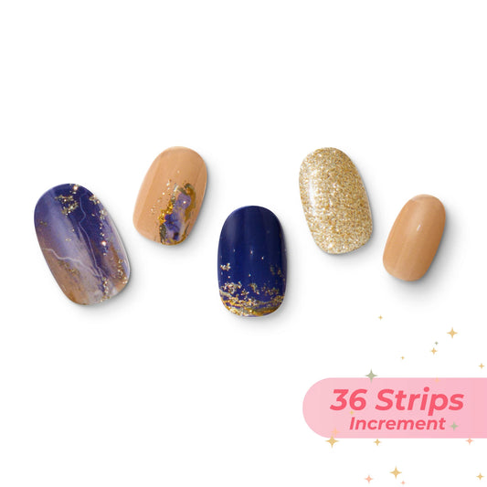 The gel nail wraps of ManiTini 'Love in Purple Thunder' showcasing the purple twilight tints the sky, lightning fractures the stillness, sparking brilliant golden lights and inciting a heartbeat like the eve of a storm.