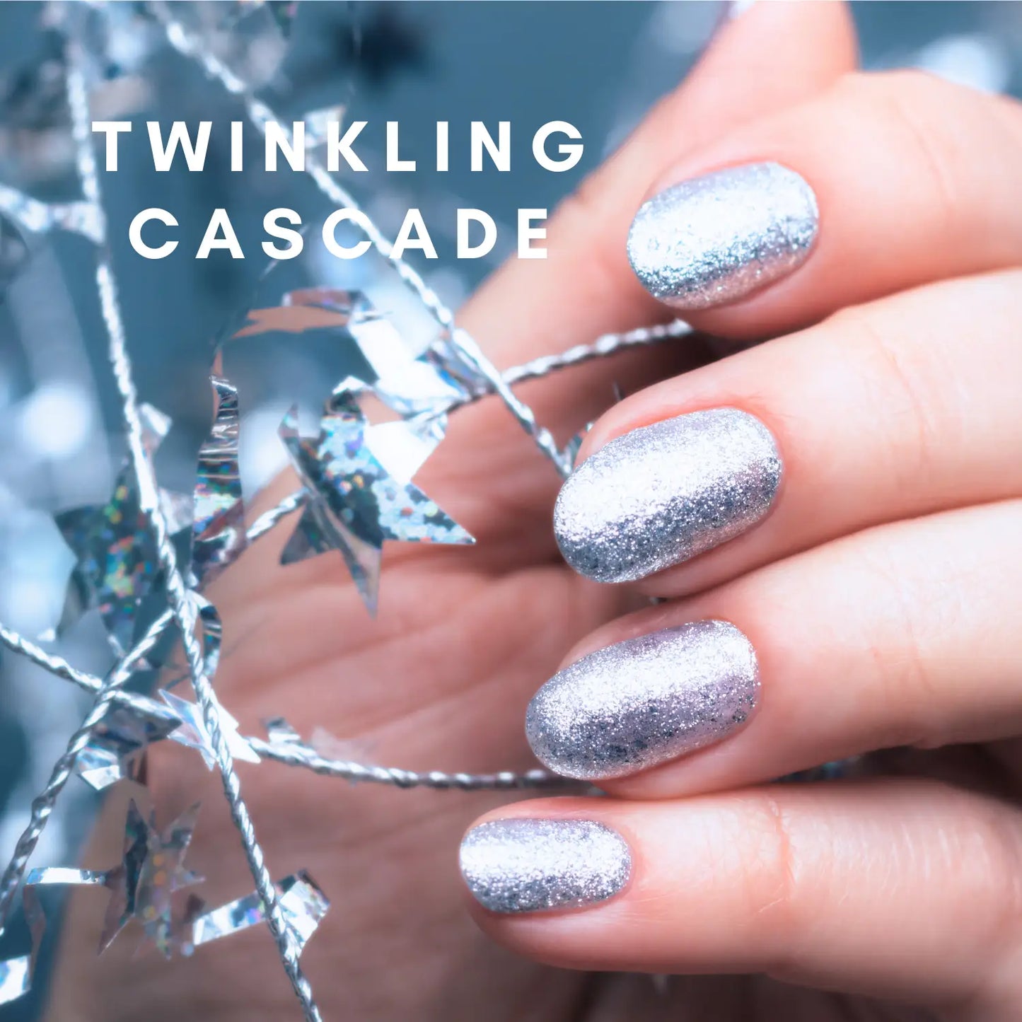 Twinkling Cascade - glow yourself up with silver shimmer nail wraps | ManiTini 