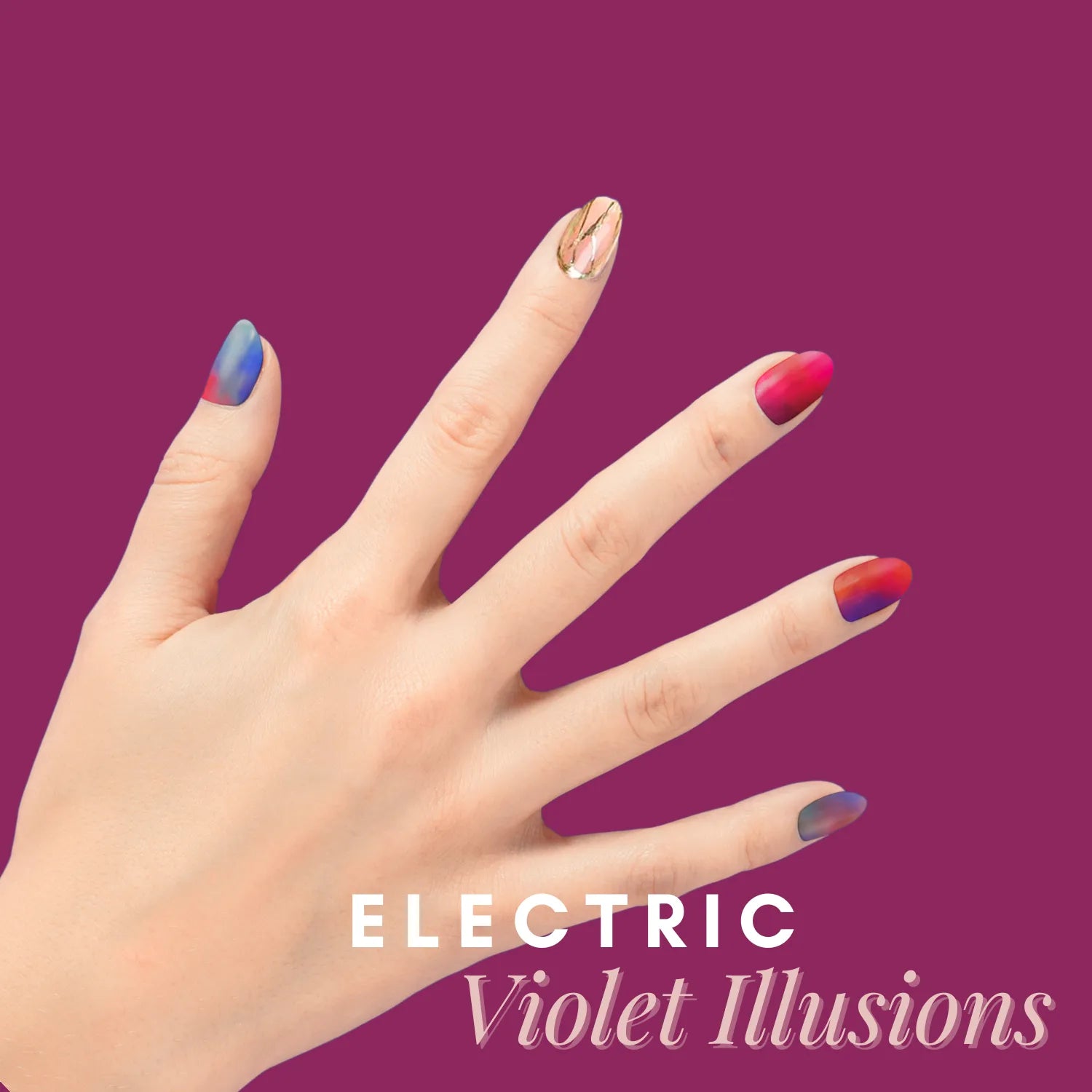 Electric Violet Illusions - glow yourself up with purple blue cool-chic and golden shimmer nail wraps | ManiTini 