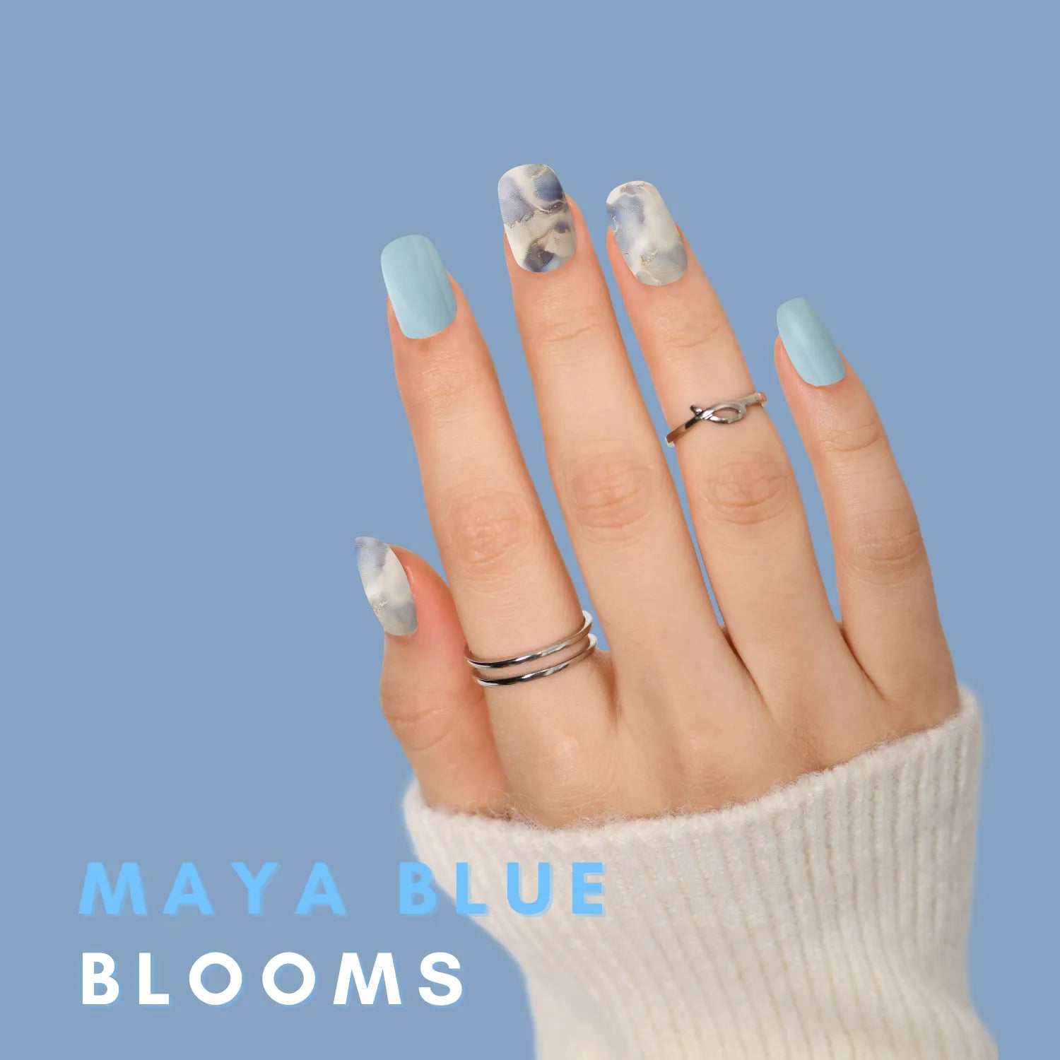 Maya Blue Blooms - glow yourself up with elegant blue art nail wraps | ManiTini 