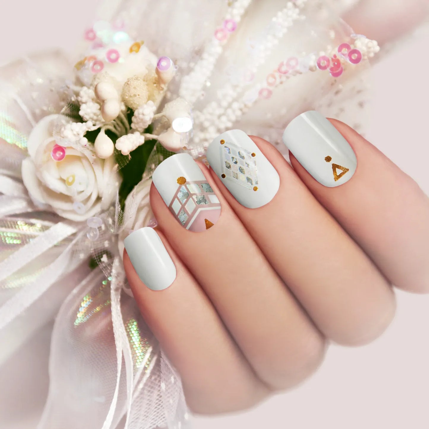 Aesthetic Poems - bridal nail art in white shimmer desgin | ManiTini 