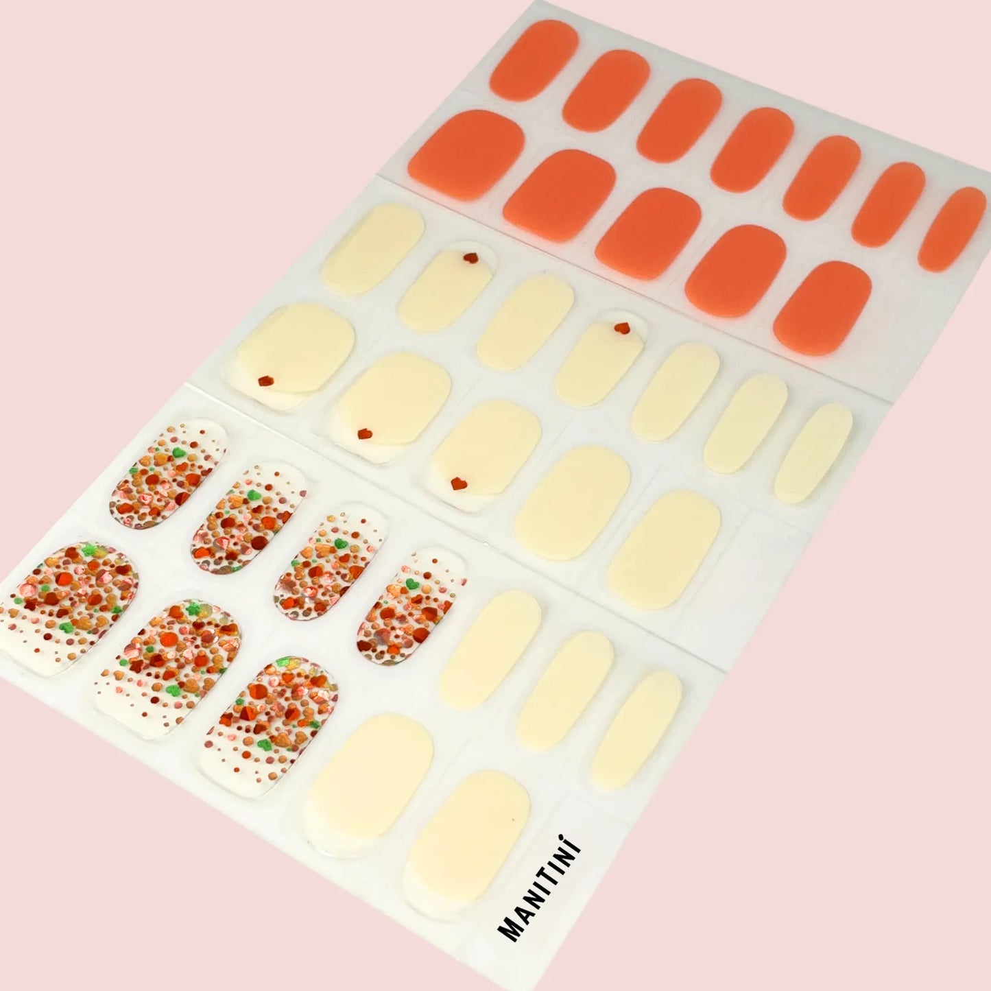 Champagne Bubblescape - shimmer art nail wraps with orange bubbles and green hearts | ManiTini