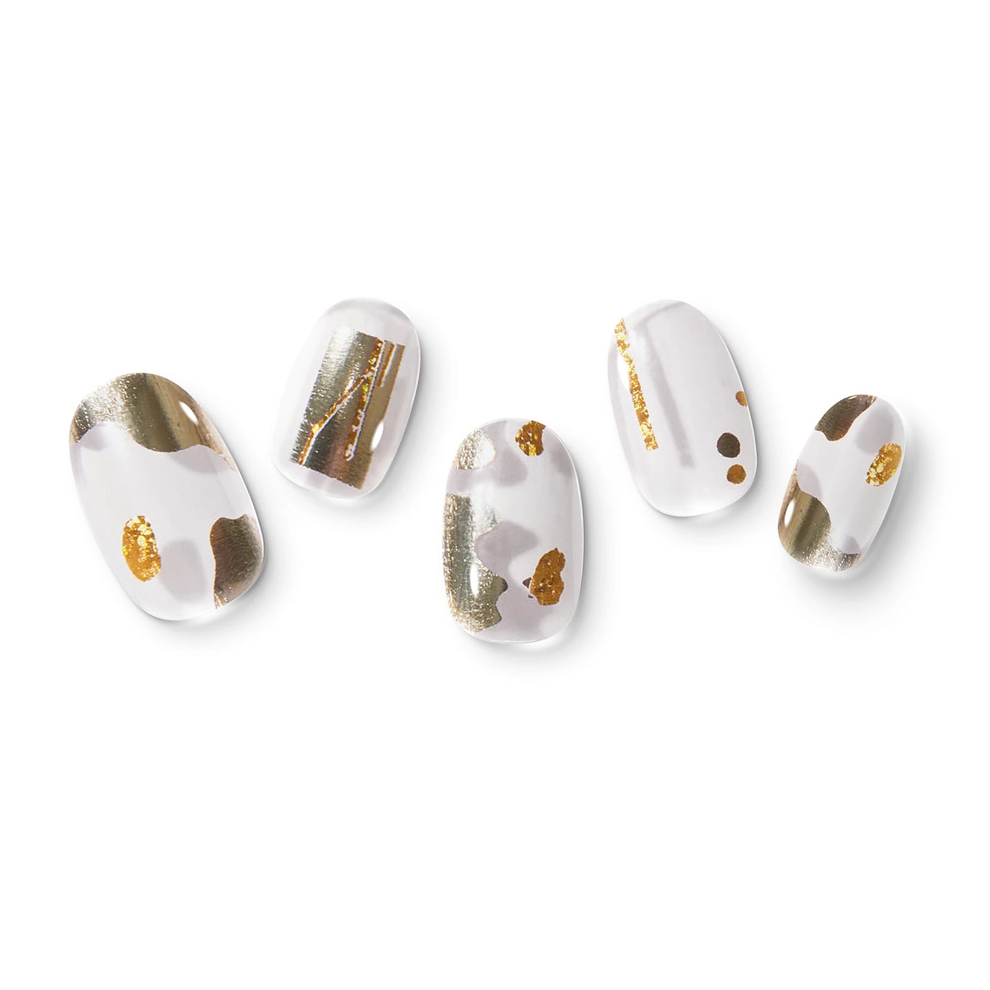The gel nail wraps of ManiTini 'Golden Ode to Joy' showcasing irregular golden confetti explodes with great joy and brilliance.