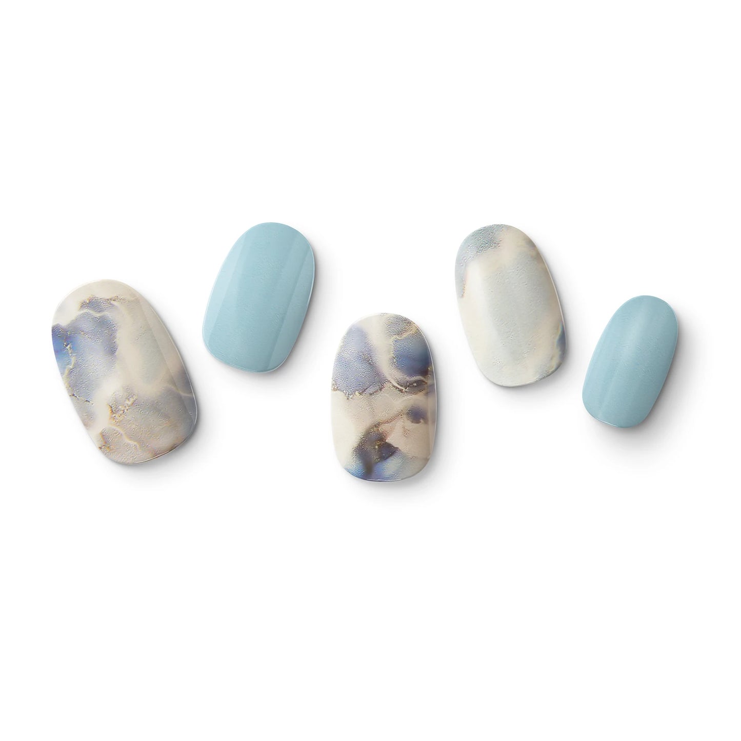 The gel nail wraps of ManiTini 'Maya Blue Blooms' showcasing bursts of blooming blue floral clouds, delicately imprinted upon exquisite porcelain.