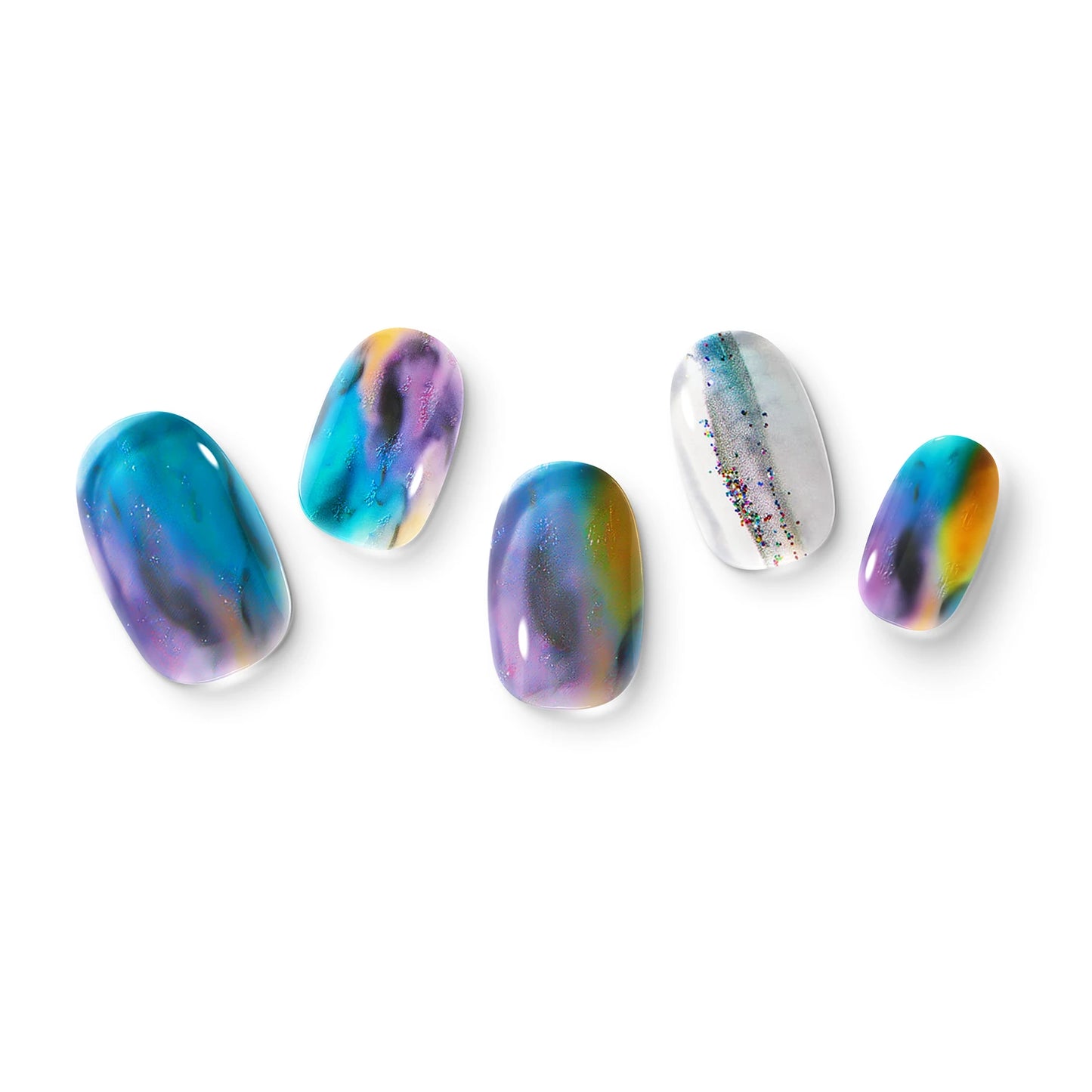 The gel nail wraps of ManiTini 'Give Me a Splash of Brilliance' showcasing a touch of blue ink, expressing thoughts and ideas with free strokes.