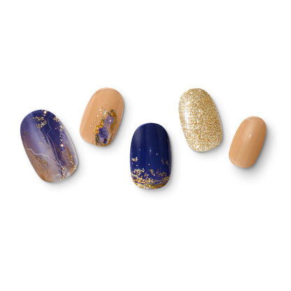 The gel nail wraps of ManiTini 'Love in Purple Thunder' showcasing the purple twilight tints the sky, lightning fractures the stillness, sparking brilliant golden lights and inciting a heartbeat like the eve of a storm.